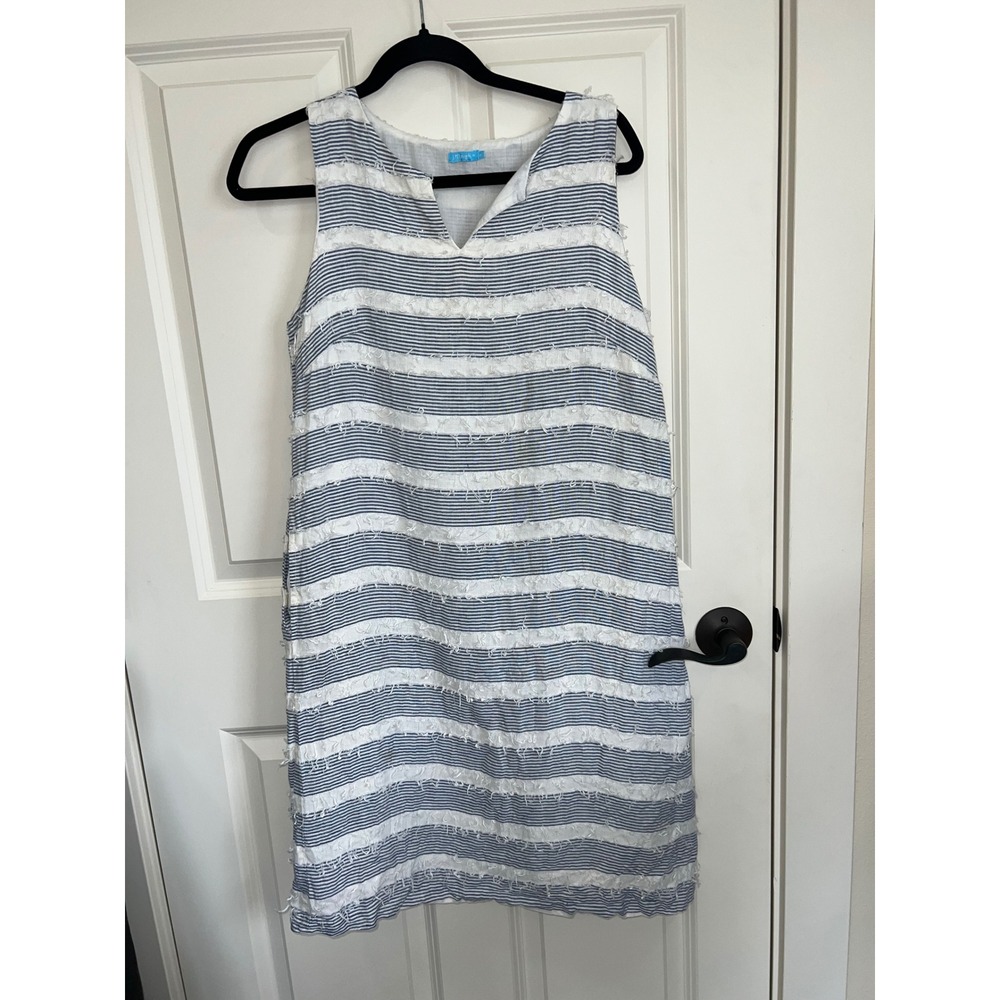 J. McLaughlin Arroyo Sleeveless Striped Linen Dress Fringe‎ Blue White Medium